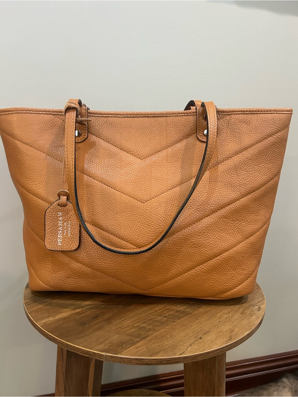 Persaman New York Italy Genuine Leather Quilted Tote Shoulder Bag Camel